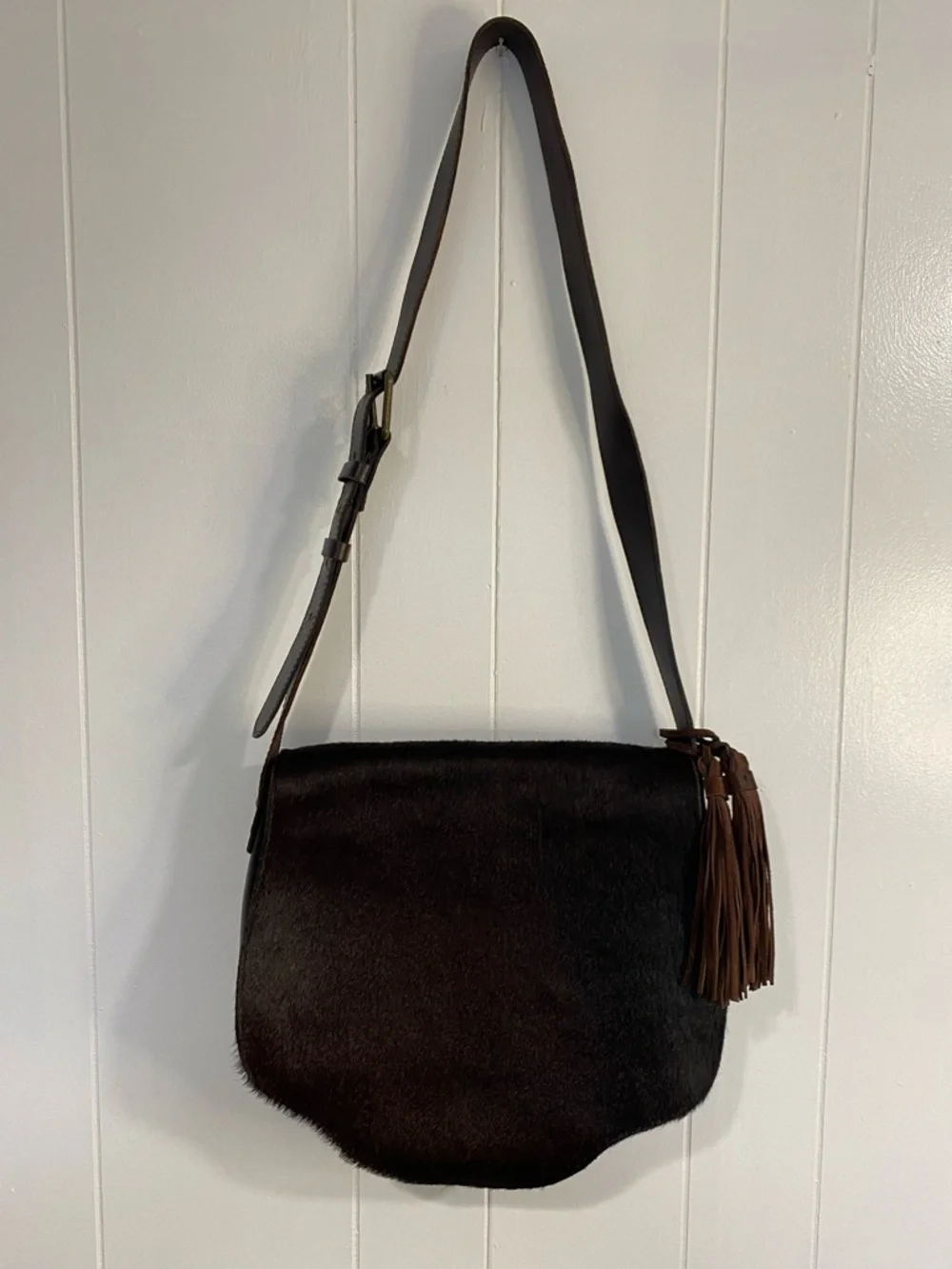 Patricia Nash Purse Italian Leather Fur Saddle Bag Western Boho Fringe Crossbody